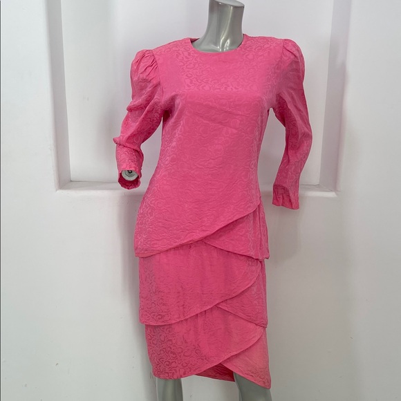 unbranded Dresses & Skirts - Vintage 80s Brand Cut Off  Long Sleeve Pink Jacquard Print Women's Dress Size 10